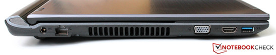 linke Seite: Netzteilanschluss, GBit-LAN, Luftauslass, VGA, HDMI, USB 3.0