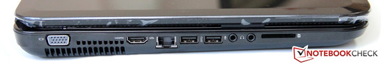 Linke Seite: VGA, Luftauslass, HDMI, GBit-LAN, 2x USB 3.0, Mikrofon, Kopfhörer, Kartenleser