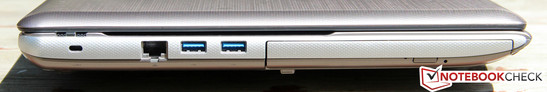 Linke Seite: Kensington Lock, GBit-LAN, 2x USB 3.0, BD-ROM
