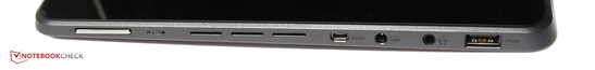 links: USB-3.0-Port, Audiokombiport, Netzstecker, micro-HDMI-Port, Lüftungsgitter, Lautstärkewippe