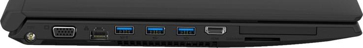 links: Strom, VGA, LAN, 3x USB 3.0, HDMI, ExpressCard34, SD-Kartenleser