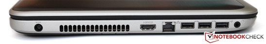 linke Seite: Netzteilanschluss, Luftauslass, HDMI, LAN, 2x USB 3.0, USB 2.0, Headset-Buchse