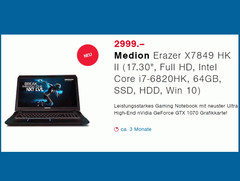 Lenovo Medion Erazer: Preise für Notebooks mit GeForce GTX 1070 und GTX 1060 geleakt