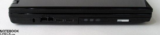 Linke Seite: Kensington Lock, LAN, Modem, 2x USB, DVD Laufwerk