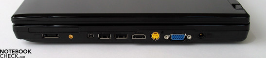 Rechte Seite: Express Card Slot 54, eSATA, Firewire, 2x USB, HDMI, S-Video, VGA out, Netzanschluss