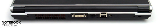 Rückseite: Lüfter, DVI, HDMI, USB 2.0, eSATA, Netzanschluss, Kensington Lock