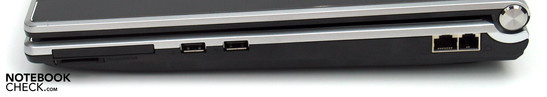 Rechte Seite: Express Card, Cardreader, 2x USB 2.0, LAN, Modem