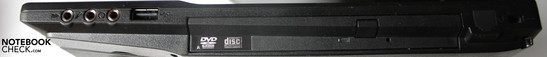 Rechte Seite: SPDIF-Ausgang, Mikrofoneingang, Kopfhörerausgang, USB 2.0, DVD-Brenner, Kensington Lock