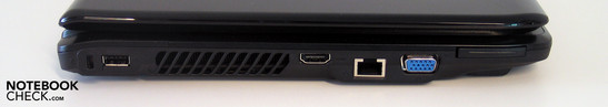 Linke Seite: Kensington Lock, USB, HDMI, LAN, VGA-Out, ExpressCard 34mm