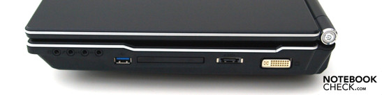 Rechte Seite: 4x Sound, USB 3.0, 54mm Express Card, eSATA, DVI