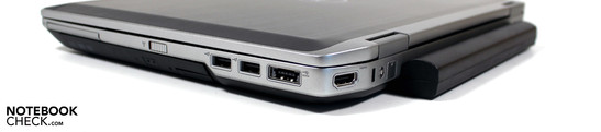 Rechte Seite: Expresscard, 2x USB 2.0, USB/eSATA, HDMI, Kensington, Modem (optional)