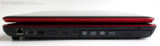 Linke Seite: RJ-45 Gigabit-LAN, eSATA/USB 2.0-Combo, USB 2.0, HDMI, Firewire, Express Card
