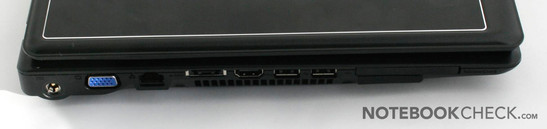 Linke Seite: Strom, VGA, LAN, e-SATA, HDMI, 2xUSB, ExpressCard 45, Cardreader