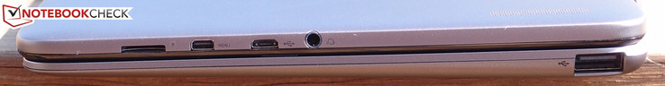 Rechts: MicroSD-Leser, Micro-HDMI, Combo-Audio, vollwertiger USB-2.0-Anschluss (unten an der Tastatur)