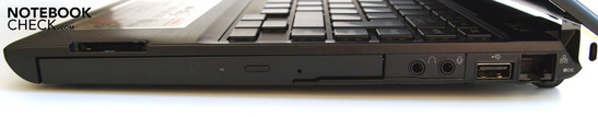 Rechte Seite: optisches LW, Kartenleser, Mikrofon, Kopfhörer, USB-2.0, LAN (RJ-45), Kensington Security Slot (Scharnier)