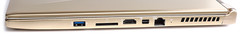 Rechts: USB 3.0, SD-Kartenleser, HDMI 1.4, Display Port, LAN-Anschluss, Lüftungsgitter
