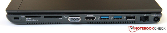 rechte Seite: Kensington Lock, Dual-Kartenleser, VGA, HDMI, 2x USB 3.0, USB 2.0, GBit-LAN, Netzteilanschluss