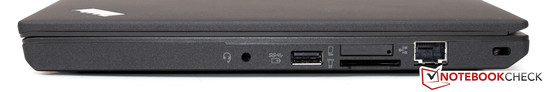 rechte Seite: Headset-Anschluss, USB 3.0, Kartenleser, SIM-Slot, Gbit-LAN, Kensington Lock
