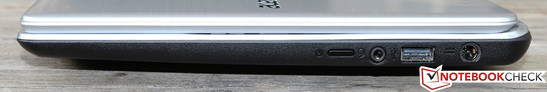 rechte Seite: Powerbutton, Mikrofon/Kopfhörer Anschluss, USB 2.0, Stromanschluss