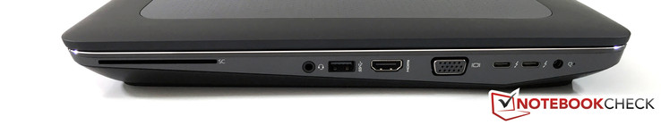 rechts: SmartCard-Leser, Headset, USB 3.0, HDMI 1.4, VGA, 2x Thunderbolt 3, Netzteil