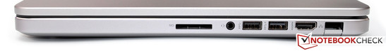 rechte Seite: Kartenleser, Headset-Anschluss, 2x USB 3.0, HDMI, Gbit-LAN
