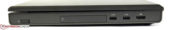 Rechts: Funkschalter, Festplattenschacht, 2 x USB 3.0, DisplayPort.