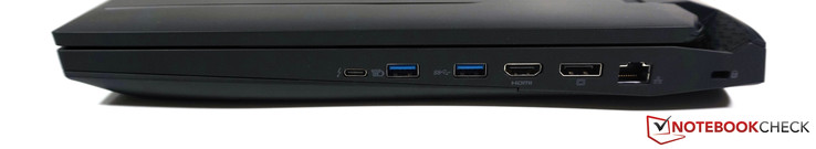 rechts: USB 3.1 Typ-C mit TB3, 2x USB 3.0, HDMI 2.0, DisplayPort, Gigabit-Ethernet, Kensington Lock