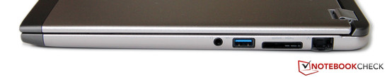 Rechte Seite: Kopfhörer/Mikrofon, USB 3.0, Kartenleser, GBit-LAN