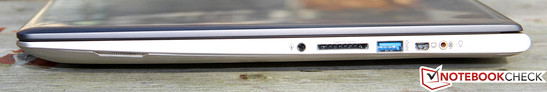 Rechte Seite: Headset-Anschluss, Kartenleser, USB 3.0, Mini-VGA, Subwoofer-Ausgang
