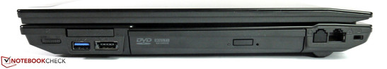 rechte Seite: Funkschalter, ExpressCard/34, USB 3.0, eSATA/USB 2.0, optisches Laufwerk, Modemvorbereitung, Gigabit-LAN, Kensington