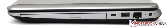 rechte Seite: DVD-Brenner, Kensington Lock, USB 2.0, Fast Ethernet, Netzteilanschluss
