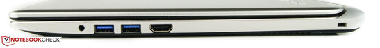 rechts: Audio-Combi, 2 x USB 3.0, HDMI-Ausgang, Kensington-Lock