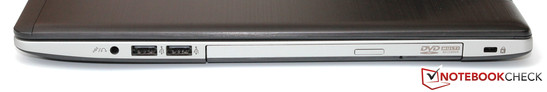 rechte Seite: Headset-Anschluss, 2x USB 2.0, DVD-Brenner, Kensington Lock