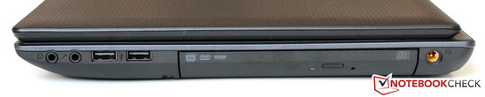 rechte Seite: Kopfhörer, Mikrofon, 2x USB 2.0, DVD-Brenner, Netzteilanschluss