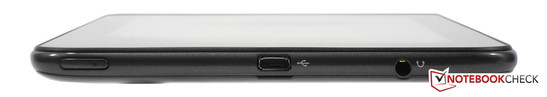 Linke Seite: Ein- und Ausschaltknopf, micro-USB-2.0-Port und 3,5-mm-Klinkenbuchse für Headset oder Ohrhörer.