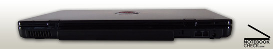 Rückseite: Lüfter, Akku, Kensington Lock, LAN, Modem, Netzanschluss