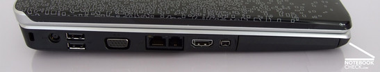 linke Seite: Kensington Lock, Netzanschluss, 2x USB, VGA, LAN, Modem, HDMI, Firewire