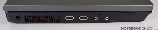 linke Seite: Netzanschluss, Lüfter, 2x USB, Audio Ports, PCMCIA