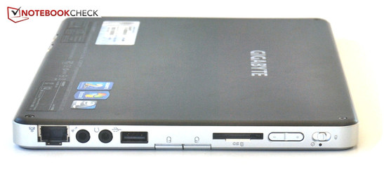 Linke Seite: Gigabit-LAN, Mikrophon, Kopfhörer, USB 2.0, SD-Reader