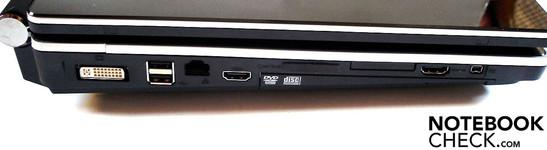 Linke Seite: DVI, 2x USB 2.0, RJ-45 Gigabit-Lan, HDMI, Kartenleser, ExpressCard-Einschub, HDMI-in, Firewire