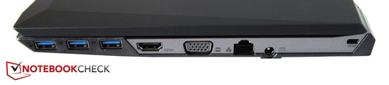 rechte Seite: 3x USB 3.0, HDMI, VGA, RJ-45 Gigabit-Lan, Stromeingang, Kensington Lock