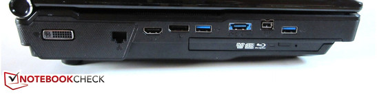 linke Seite: DVI, RJ-45, HDMI, DisplayPort, USB 3.0, eSATA / USB 3.0, Firewire, USB 3.0