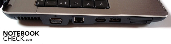 Linke Seite: VGA, Gigabit-Lan, HDMI, eSATA/USB 2.0, 34 mm Express Card, Kartenleser