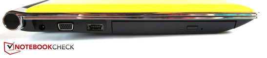 linke Seite: Stromeingang, VGA, eSATA/USB 2.0, Blu-ray-Brenner