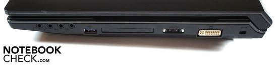 Rechte Seite: 4x Sound, USB 3.0, ExpressCard, eSATA, DVI, Kensington Lock