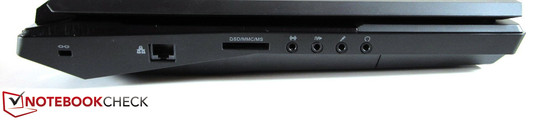 linke Seite: Kensington Lock, RJ-45 Gigabit-Lan, Kartenleser, 4x Sound