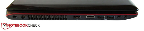 linke Seite: Kensington Lock, Stromeingang, USB 2.0, HDMI, 2x USB 3.0, 2x Sound