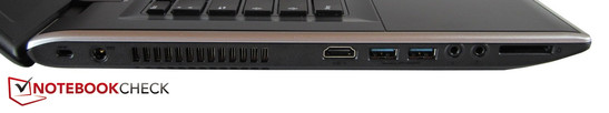 linke Seite: Kensington Lock, DC-in, HDMI, 2x USB 3.0, Mikrofon, Kopfhörer, Kartenleser