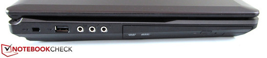 linke Seite: Kensington Lock, USB 2.0, S/PDIF, Mikrofon, Kopfhörer, optisches Laufwerk