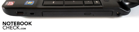 Rechte Seite: USB 2.0, Kensington Lock, optisches Laufwerk, DC-in
